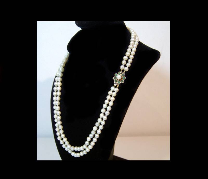 9K Gold Zuchtperlenkette - Doppelstrang 51cm Mit Jadeperlen Verschluss Vintage Art Deco Torsade von Garbostreasures
