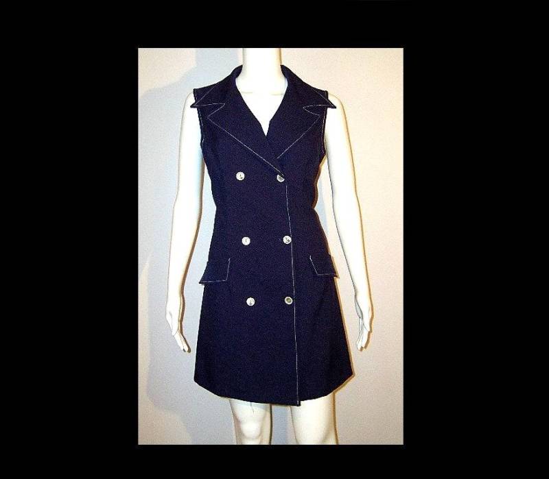 Großes ~ Mod Mini Kleid Indigoblau Mit Weißer Absteppung 1960Er 1970Er Jahre Byer California Made in Canada von Garbostreasures