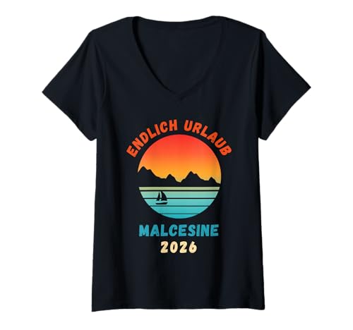 Damen Malcesine Urlaub 2026 Design Gardasee Reise Lago di Garda T-Shirt mit V-Ausschnitt Damen Malcesine Urlaub 2026 Design Gardasee Reise Lago di Garda T-Shirt mit V-Ausschnitt von Gardasee Bekleidung Lago di Garda Geschenkidee