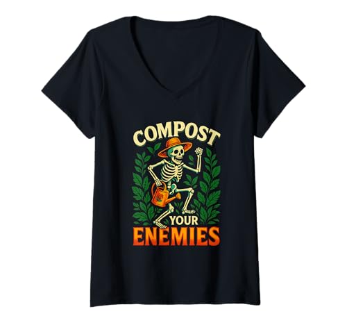 Damen Compost Your Enemies Lustiges Garten Skelett Shirt T-Shirt mit V-Ausschnitt Damen Compost Your Enemies Lustiges Garten Skelett Shirt T-Shirt mit V-Ausschnitt von Gardening Shirt Dark Humor Skeleton Plants