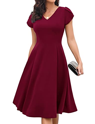 Gardenwed Abendkleider Elegant für Hochzeit Damen Kleider Elegant mit Ärmel Cocktailkleider Damen Herbst Festliche Kleider für Damen Rockabilly Kleider Damen Petticoat Burgundy 2XL von Gardenwed