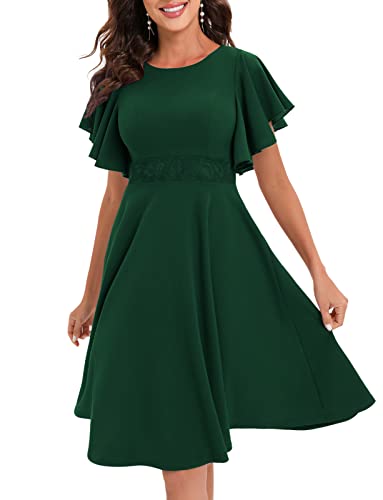 Cocktailkleid mit Rüschenärmeln, Midikleid mit Spitze, ausgestellt, Hochzeitsgästekleider für Frauen, Aline Swing Brautjungfernkleider, dunkelgrün, 3X-Groß von Gardenwed