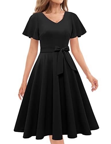 Gardenwed 1950er Vintage Cocktailkleid Schwarz Rockabilly Kleider Damen Kuzarm Midilang Abendkleider Elegant für Hochzeit Black M von Gardenwed