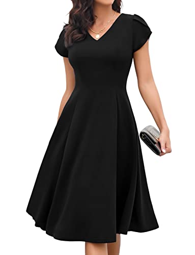 Gardenwed Rockabilly Kleider Damen 50er Jahre Kleider Damen A line Schwarze Kleid Beerdigung Abendkleider elegant für Hochzeit V Ausschnitt Vintage Festliche Kleider für Damen Black S von Gardenwed