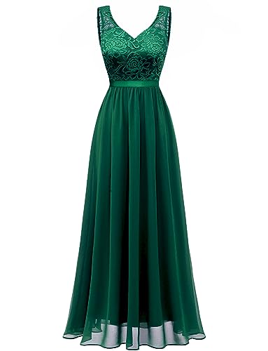Gardenwed Abendkleid elegant für Hochzeit Ballkleid Damen Lang Spitzen V-Ausschnitt Brautjungfernkleider Hohe Taille Abschlusskleid Cocktailkleid Dark Green L von Gardenwed