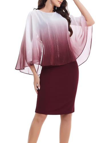 Gardenwed Abendkleider elegant Damen Chiffon Cape Overlay Kleid Bodycon Knielang Cocktailkleider Party Hochzeitsgäste Festliches Glitzer Kleid Burgundy L von Gardenwed