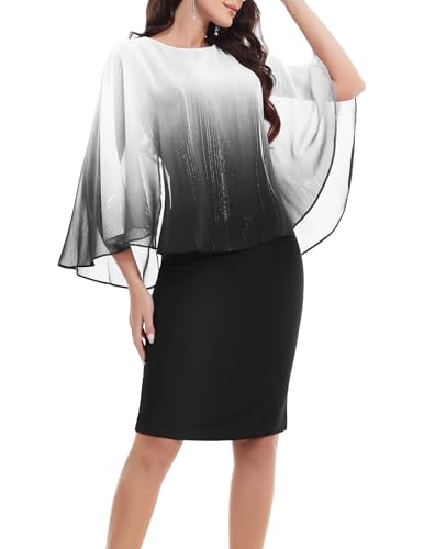 Gardenwed Abendkleider elegant Damen Rundhals Chiffon Cape Overlay Kleid Bodycon Knielang Formelle Cocktailkleider Party Hochzeitsgäste Festliches Glitzer Kleid Black L von Gardenwed