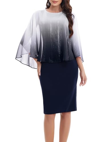 Gardenwed Abendkleider elegant Damen Rundhals Chiffon Cape Overlay Kleid Bodycon Knielang Formelle Cocktailkleider Party Hochzeitsgäste Festliches Glitzer Kleid Navy M von Gardenwed