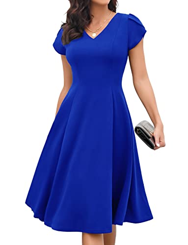 Gardenwed Kleider Cocktailkleid Damen Abendkleid Kurzarm Rockabilly Kleider Damen Midi Kleid festlich Damen für Hochzeit Gast Blau Herbst/Winter Kleider Royal Blue 3XL von Gardenwed