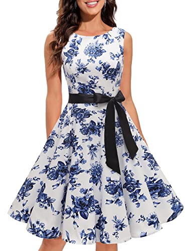 Gardenwed Damen 1950er Vintage Cocktailkleid Rockabilly Retro Schwingen Kleid Faltenrock Blue Flower 2XL von Gardenwed