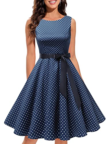 Gardenwed Damen 1950er Vintage Cocktailkleid Rockabilly Retro Schwingen Kleid Faltenrock Navy Small White Dot M von Gardenwed