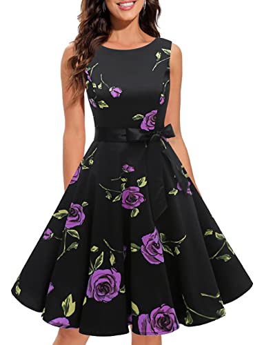 Gardenwed Damen 1950er Vintage Cocktailkleid Rockabilly Retro Schwingen Kleid Faltenrock Purple Rose XS von Gardenwed