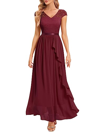 Gardenwed Abendkleid elegant für Hochzeit V-Ausschnitt Spitzen Cocktailkleid Damen Kurzarm Ballkleid mit Rüschen Party Abschlussballkleid Lang festliches Kleid Burgundy M von Gardenwed