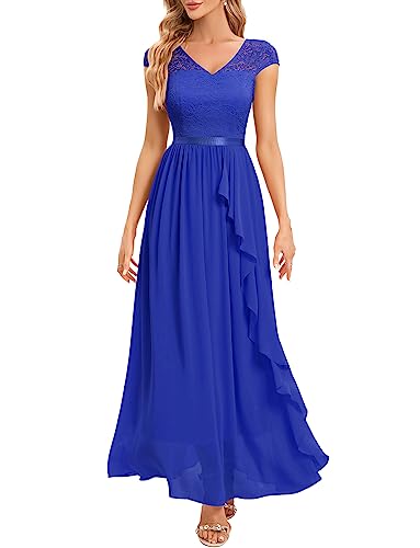 Gardenwed Abendkleid elegant für Hochzeit V-Ausschnitt Spitzen Cocktailkleid Damen Kurzarm Ballkleid mit Rüschen Party Abschlussballkleid Lang festliches Kleid Royal Blue M von Gardenwed