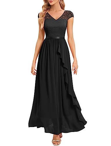 Gardenwed Abendkleid elegant für Hochzeit V-Ausschnitt Spitzen Cocktailkleid Damen Kurzarm Ballkleid mit Rüschen Party Abschlussballkleid Lang festliches Kleid Black M von Gardenwed