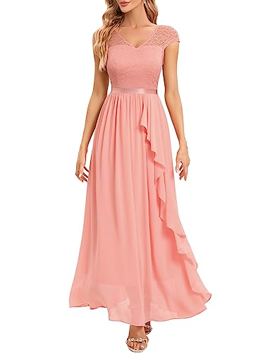 Gardenwed Abendkleid elegant für Hochzeit V-Ausschnitt Spitzen Cocktailkleid Damen Kurzarm Ballkleid mit Rüschen Party Abschlussballkleid Lang festliches Kleid Blush M von Gardenwed