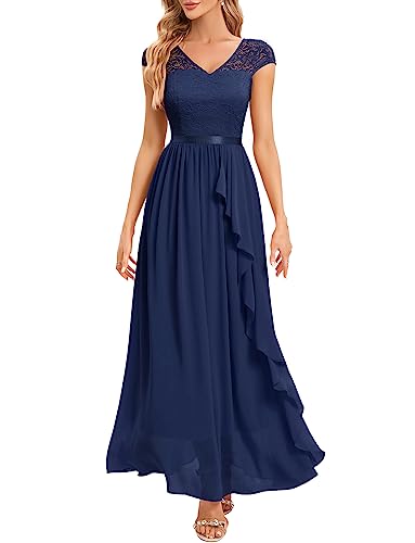 Gardenwed Abendkleid elegant für Hochzeit V-Ausschnitt Spitzen Cocktailkleid Damen Kurzarm Ballkleid mit Rüschen Party Abschlussballkleid Lang festliches Kleid Navy XL von Gardenwed