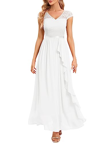 Gardenwed Abendkleid elegant für Hochzeit V-Ausschnitt Spitzen Cocktailkleid Damen Kurzarm Ballkleid mit Rüschen Party Abschlussballkleid Lang festliches Kleid White XL von Gardenwed