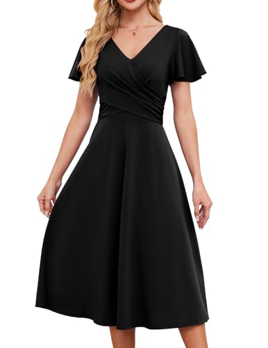 Gardenwed Damen Cocktailkleid Kurzarm Elegant Midikleid V-Ausschnitt Hochzeit Gäste Kleider Alltag Kleid, Schwarz , L von Gardenwed