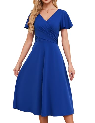 Gardenwed Damen Cocktailkleid Kurzarm Elegant Midikleid V-Ausschnitt Hochzeit Gäste Kleider Alltag Kleid, königsblau, M von Gardenwed