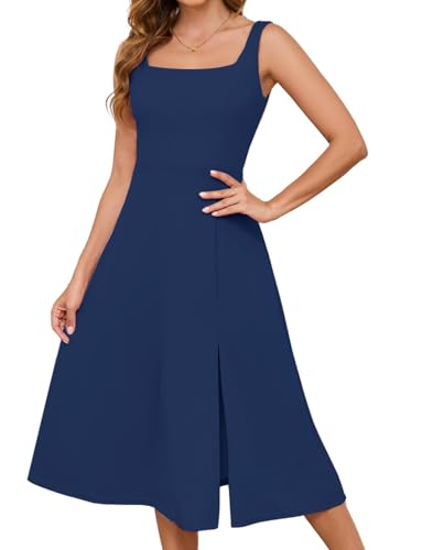 Gardenwed Damen Retro 50er 60er Rockabilly Cocktailkleid Quadratischer Ausschnitt Ärmellos Mittellang Kleid Vintage Abschlussball Swing Partykleid, navy, S von Gardenwed