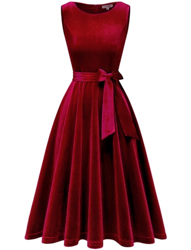 Gardenwed Damen Samt Kleid 50er Jahre Cocktailkleid Rockabilly Kleider Petticoat Festlich Hochzeit Dark Red 2XL von Gardenwed