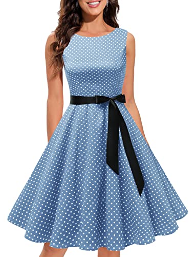 Gardenwed Damen 1950er Vintage Cocktailkleid Rockabilly Retro Schwingen Kleid Faltenrock Blue Small White Dot M von Gardenwed