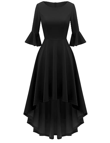 Gardenwed Festliches Kleid Damen 3/4 arm Flare Bell Sleeve Rundhals Kleider High-Low Cocktailkleider Rockabilly Kleider Abendkleider elegant für Hochzeit Black 2XL von Gardenwed