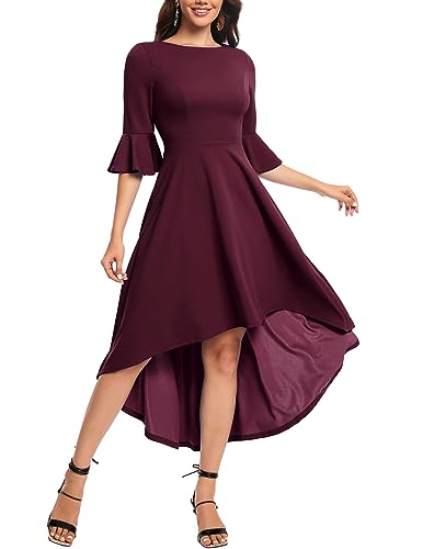 Gardenwed Festliches Kleid Damen 3/4 arm Flare Bell Sleeve Rundhals Kleider High-Low Cocktailkleider Rockabilly Kleider Abendkleider elegant für Hochzeit Burgundy 2XL von Gardenwed