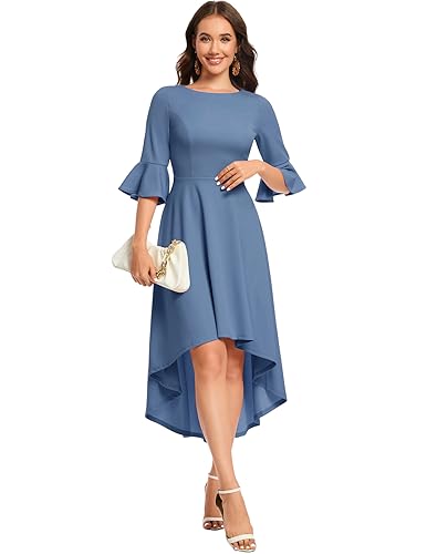 Gardenwed Festliches Kleid Damen 3/4 arm Flare Bell Sleeve Rundhals Kleider High-Low Cocktailkleider Rockabilly Kleider Abendkleider elegant für Hochzeit Grey Blue 2XL von Gardenwed