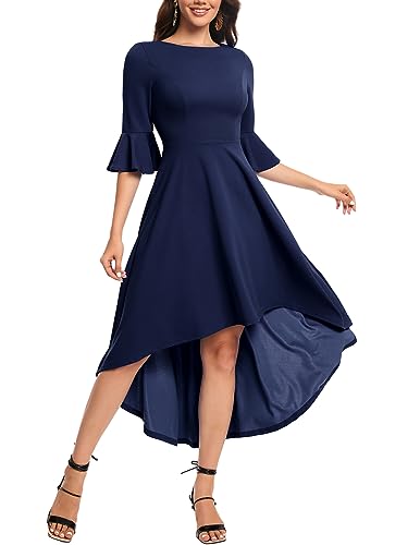 Gardenwed Festliches Kleid Damen 3/4 arm Flare Bell Sleeve Rundhals Kleider High-Low Cocktailkleider Rockabilly Kleider Abendkleider elegant für Hochzeit Navy 3XL von Gardenwed