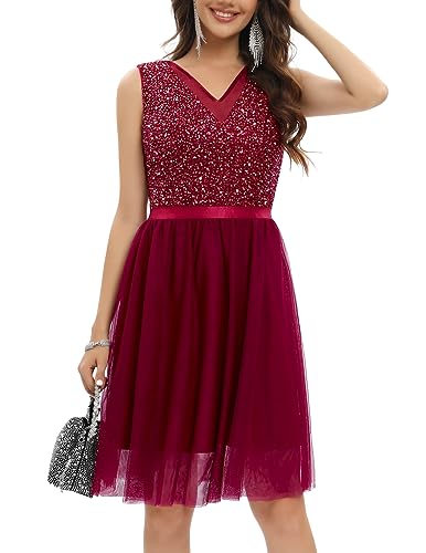 Gardenwed Paillettenkleid Damen elegant V-Ausschnitt festliches Glitzer Kleid Tüll Kleid Party jugendweihes Kleid Cocktailkleid Burgundy 2XL von Gardenwed