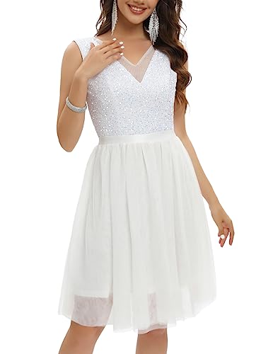 Gardenwed Paillettenkleid Damen elegant V-Ausschnitt festliches Glitzer Kleid Tüll Kleid Party jugendweihes Kleid Cocktailkleid White 2XL von Gardenwed