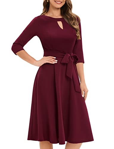 Kleider Damen Rockabilly Kleider Damen Festliche Kleider für Damen Elegant Cocktailkleid Damen 50er Jahre Vintage Kleider Langarm Herbst/Winter Swing Kleid Burgundy S von Gardenwed