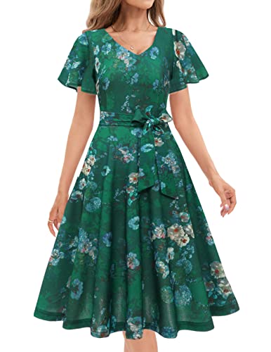 Kleider Damen Rockabilly Kleider Damen Festliche Kleider für Damen Rockabilly Kleid Cocktailkleid Damen 50er Jahre Kleider Audrey Hepburn Kleid Vintage Kleid Green Flower 2XL von Gardenwed