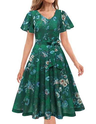 Kleider Damen Rockabilly Kleider Damen Festliche Kleider für Damen Rockabilly Kleid Cocktailkleid Damen 50er Jahre Kleider Audrey Hepburn Kleid Vintage Kleid Green Flower M von Gardenwed