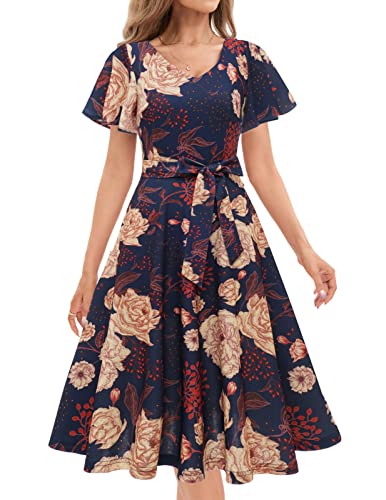 Kleider Damen Rockabilly Kleider Damen Festliche Kleider für Damen Rockabilly Kleid Cocktailkleid Damen 50er Jahre Kleider Audrey Hepburn Kleid Vintage Kleid Navy Yellow Flower 2XL von Gardenwed