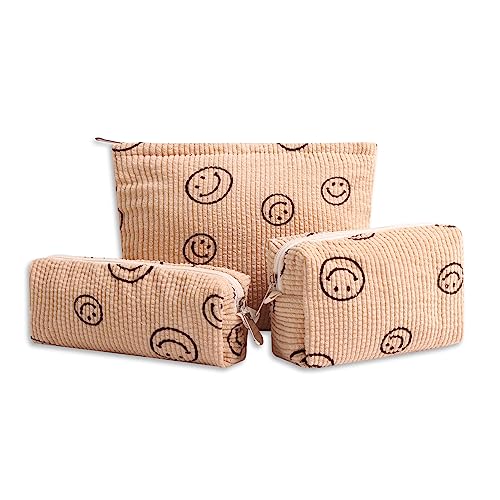 Gardsell 3 Stück Smile Cord Kosmetiktasche Make-up-Tasche Ästhetische adrette Make-up-Taschen für Frauen Mädchen Kordsamt Kulturbeutel Reisetaschen Waschbar Hautpflege Tasche, 3 Stück, Khaki, Smile von Gardsell