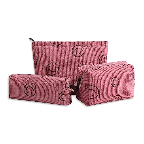 Gardsell 3 Stück Smile Cord Kosmetiktasche Make-up-Tasche Ästhetische adrette Make-up-Taschen für Frauen Mädchen Kordsamt Kulturbeutel Reisetaschen Waschbar Hautpflege Tasche, 3 Stück, Rosa., Smile von Gardsell