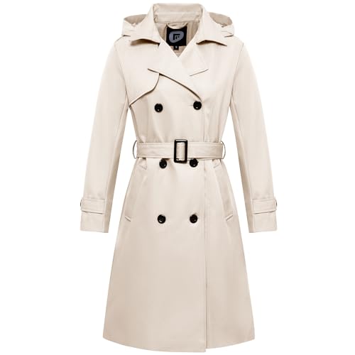 Garemcy Damen Langer wasserdichter Trenchcoat Zweireihiger klassischer Reversmantel Gürtel Slim Fit Mantel mit abnehmbarer Kapuze, Beige, L von Garemcy