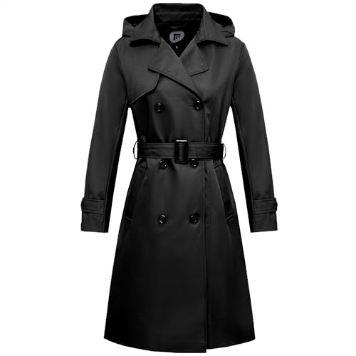 Garemcy Damen Langer wasserdichter Trenchcoat Zweireihiger klassischer Reversmantel Gürtel Slim Fit Mantel mit abnehmbarer Kapuze, Schwarz, XXL von Garemcy