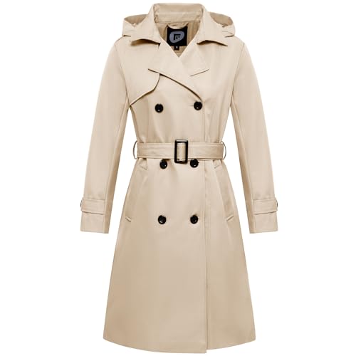 Garemcy Langer, wasserdichter Damen-Trenchcoat, zweireihig, klassischer Revers, Mantel, Gürtel, abnehmbarer Kapuze, Khaki, 3XL von Garemcy