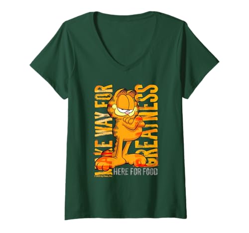 Damen Garfield Cartoon Epic Retro Hungry Cat Lasagne Pose Design T-Shirt mit V-Ausschnitt von Garfield