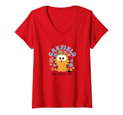 Damen Garfield Chibi Floral Too Cute to Care In Black Text T-Shirt mit V-Ausschnitt von Garfield