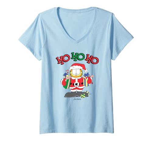 Damen Garfield Ho Ho Ho Santa with Gifts Funny Christmas Holiday T-Shirt mit V-Ausschnitt von Garfield