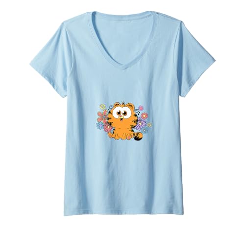 Damen Garfield Kawaii Chibi Surrounded with Flowers T-Shirt mit V-Ausschnitt von Garfield