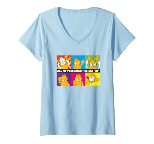 Damen Garfield Multiple Personalities im Retro-Comic-Stil T-Shirt mit V-Ausschnitt von Garfield