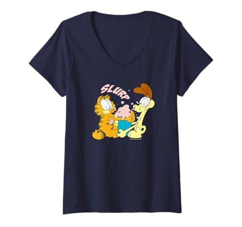 Damen Garfield Odie Retro Comic Milkshake Friends Kunstwerk Geschenke T-Shirt mit V-Ausschnitt von Garfield