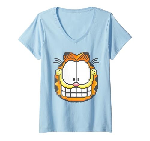 Damen Garfield Pixel Comic-Kunstwerk im Katzenstil, Retro-Design, großes, freches Gesicht T-Shirt mit V-Ausschnitt von Garfield