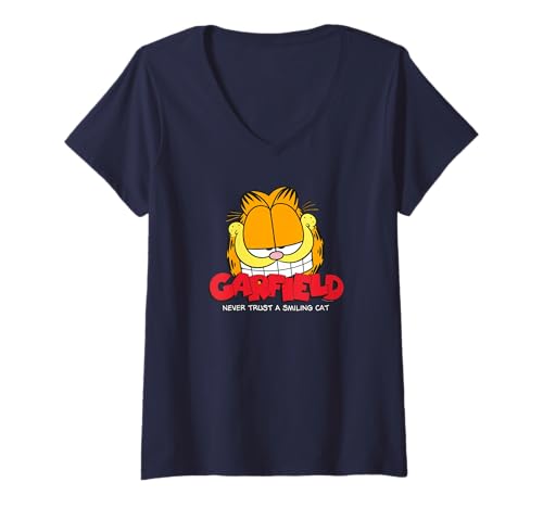 Damen Garfield Retro Comic Gesicht Design lächelnde Katze Humor Kunstwerk T-Shirt mit V-Ausschnitt von Garfield
